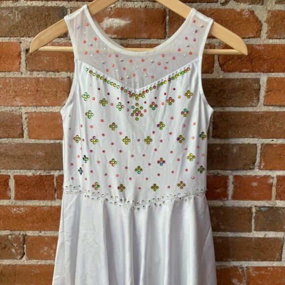 "Funfetti" White Figure Skating Dress + LOTS of Custom Crystals Girls Size 8-10 - Picture 1 of 6